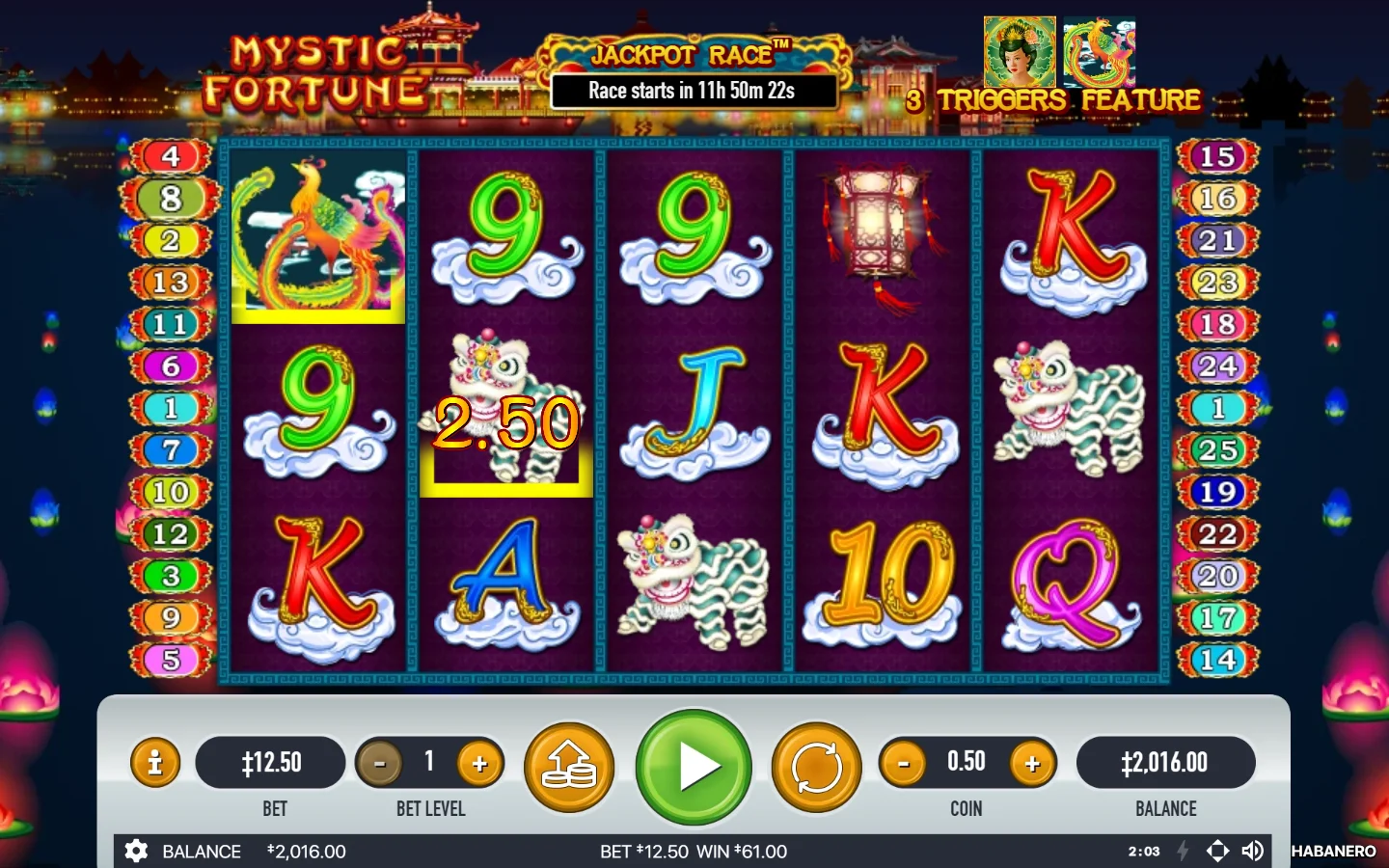 Recorded original-game Bird substitution Our actual Mystic Fortune result with a Bird on reel one and Lions on reels two and three